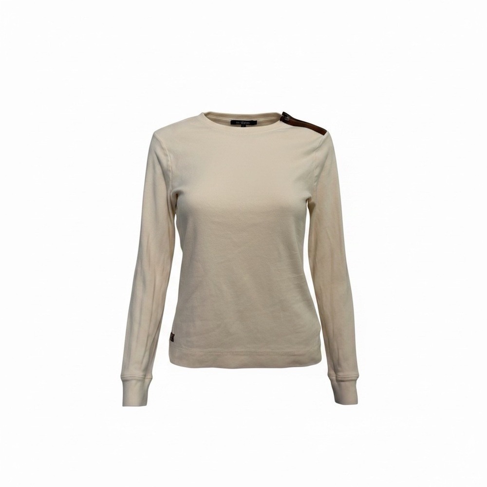 Lauren Ralph Lauren Long Sleeve Cream Tee Suede Leather Elbow Shoulder Women Med